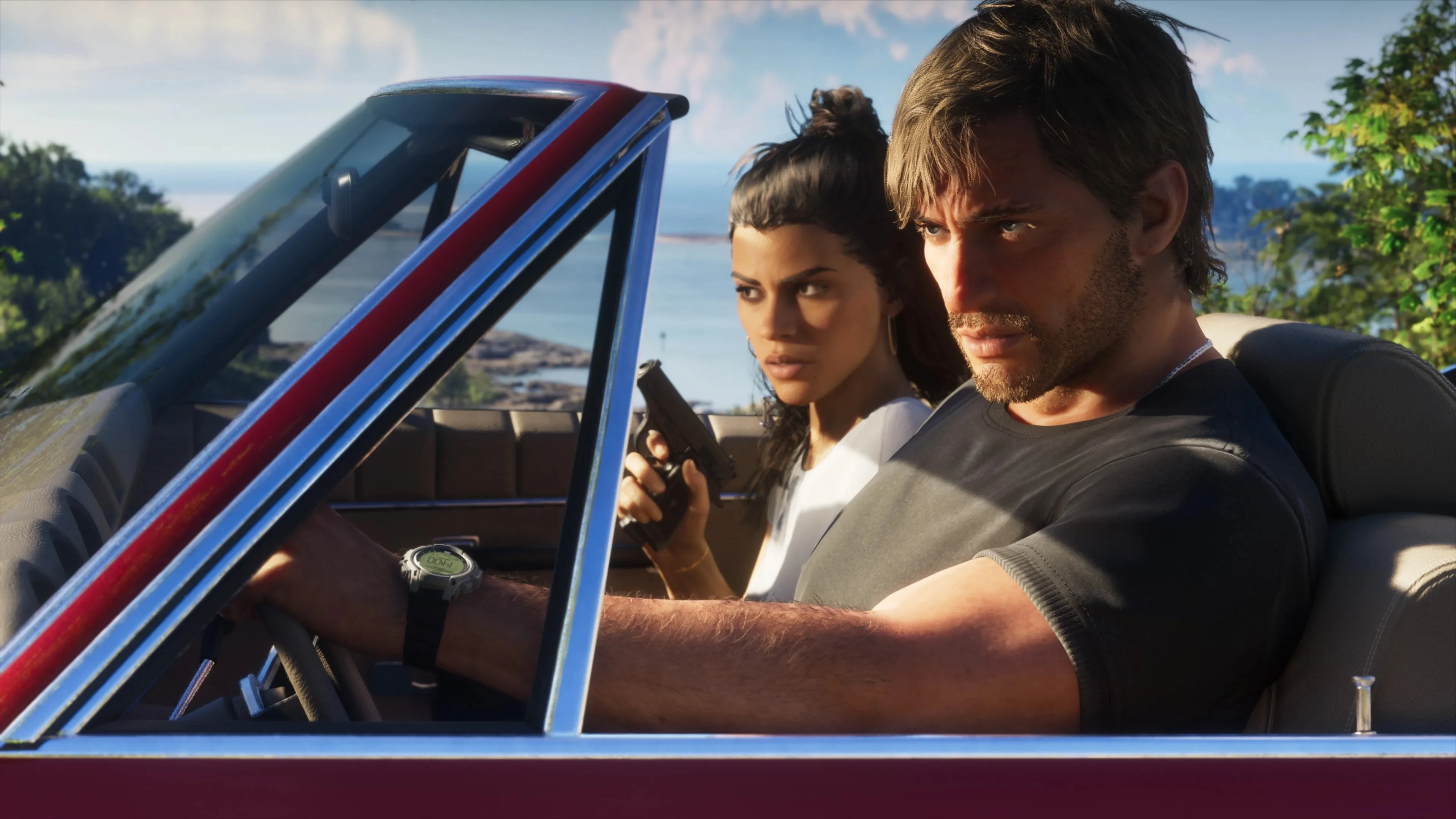 Jason Duval et Lucia Caminos à bord d'un cabriolet