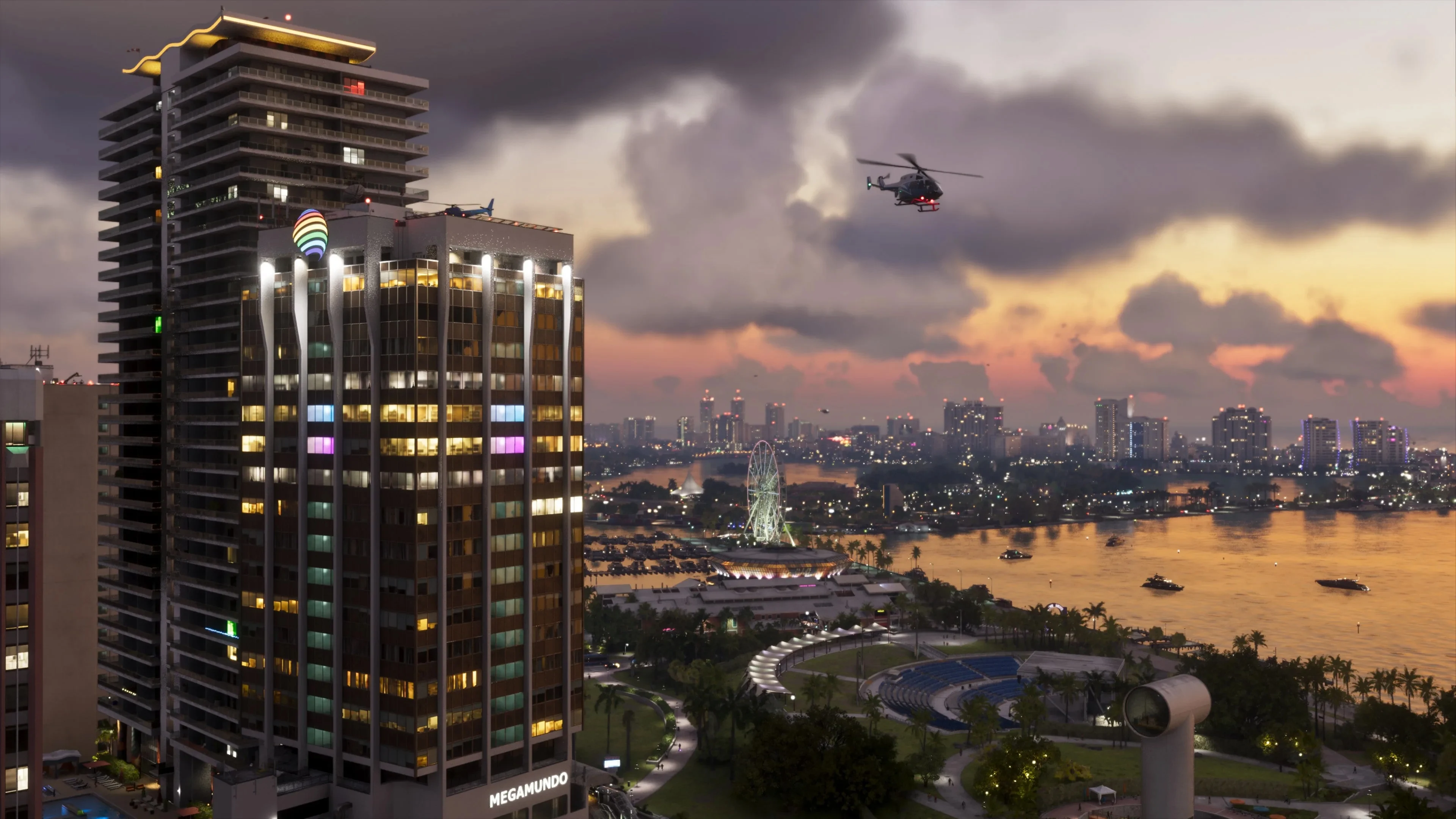 Skyline de Vice City et front de mer au coucher du soleil