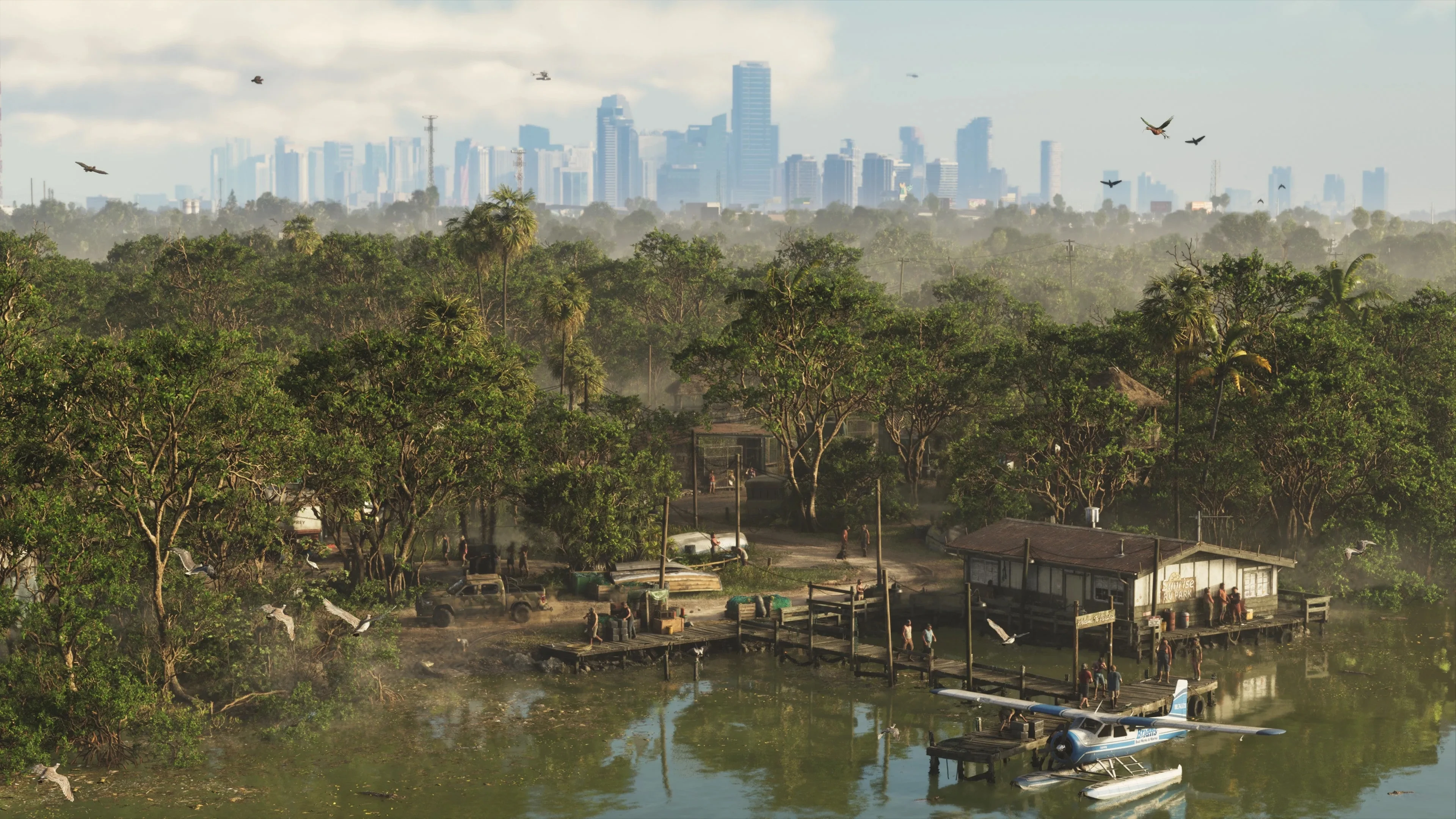 Marécages avec la silhouette urbaine de Vice City au loin